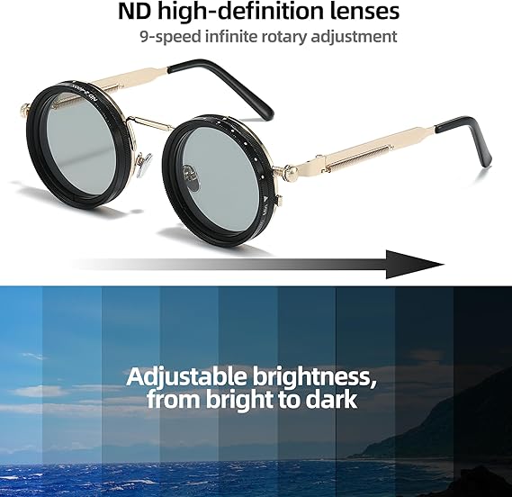Adjustable Tint Sunglasses, 1-9 Gears Steampunk Retro Metal Round Polarized Glasses.
